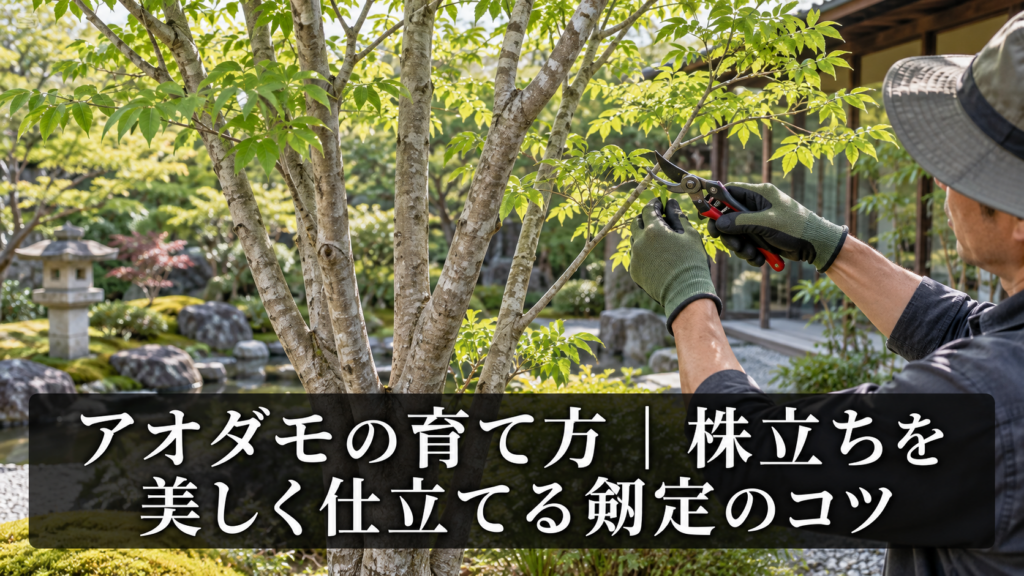 アオダモの株立ちと剪定作業のイメージ