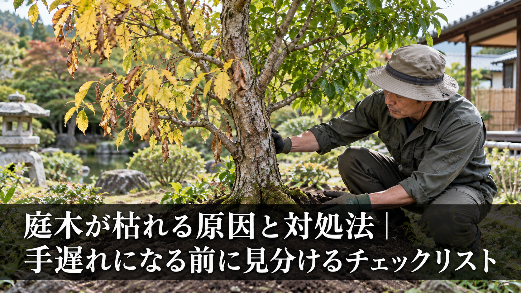 枯れかけた庭木の枝を確認するチェックの様子