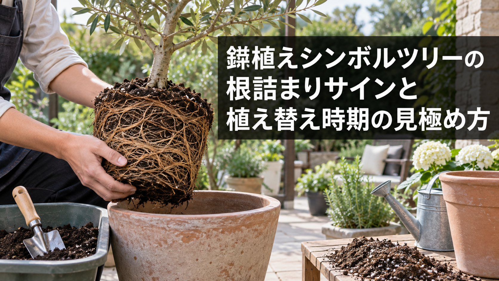 鉢植えシンボルツリーの根詰まり確認の様子