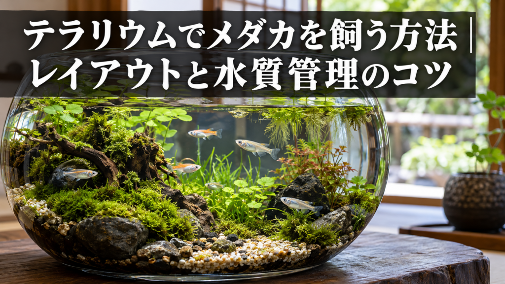 テラリウムで泳ぐメダカのレイアウト